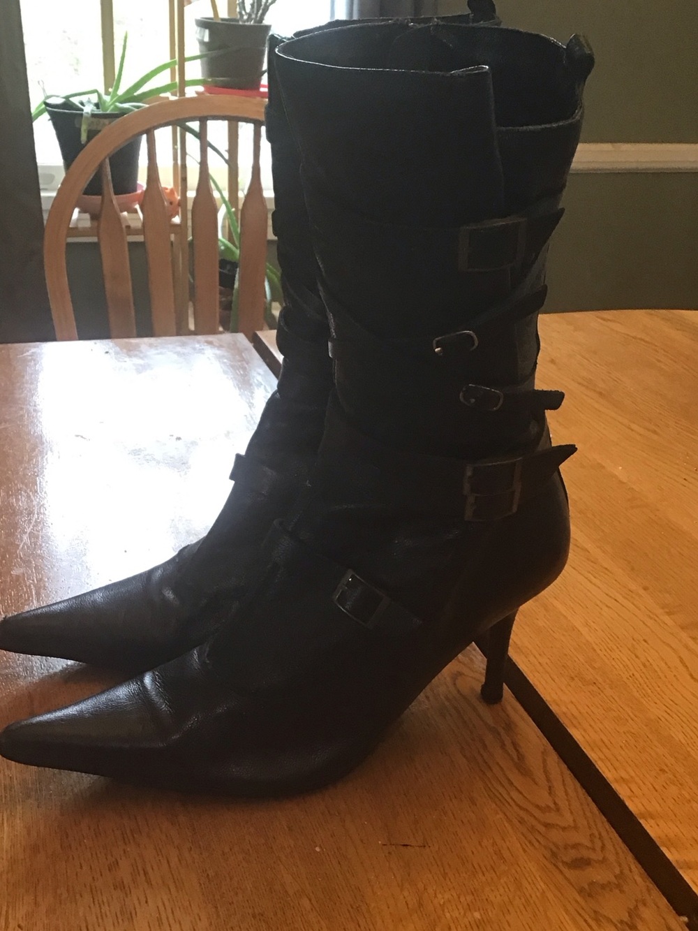 Women's Black Y2K 2000s moto buckle leather pointed toe stiletto Zaza boots